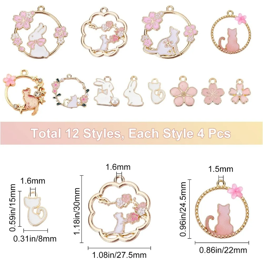 1 Box 48Pcs 12 Styles Pink Flower Charms Enamel Cat Easter Holiday Rabbit Animal Floral Hollow Flat Round Alloy Sakura