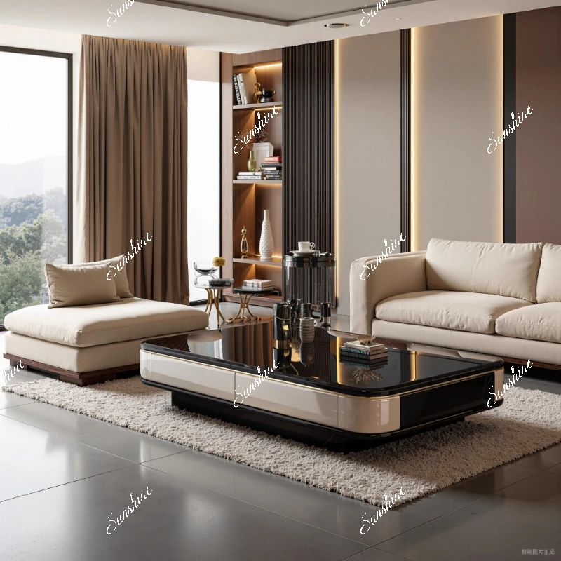 Light luxury high-end villa large flat floor creative rock slab glass coffee table