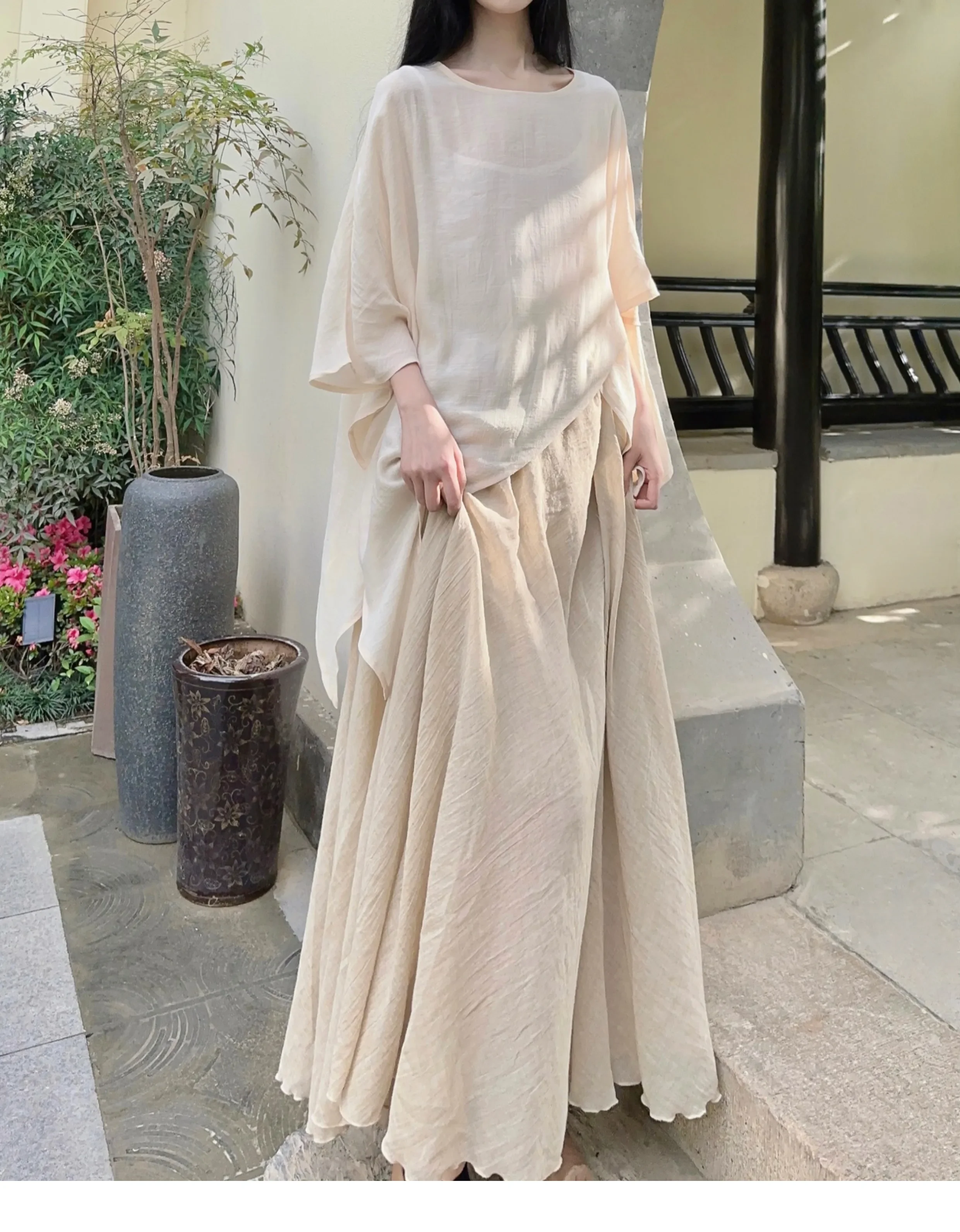 New Chinese Short Sleeve Top Summer Zen Apricot Irregular Cotton Linen Skirt 3 Sets 2024 Women Vintage Set