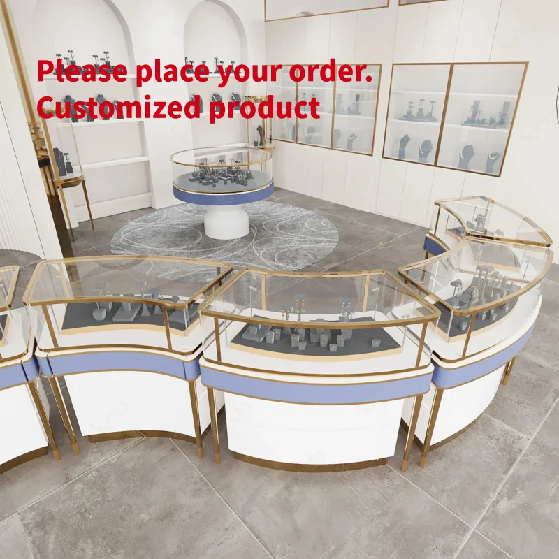 custom.Blue & White Two-tone Rose Gold Frame Curved Combination Jewelry Island Showcase Set With Arched Wall Mount Neckl
