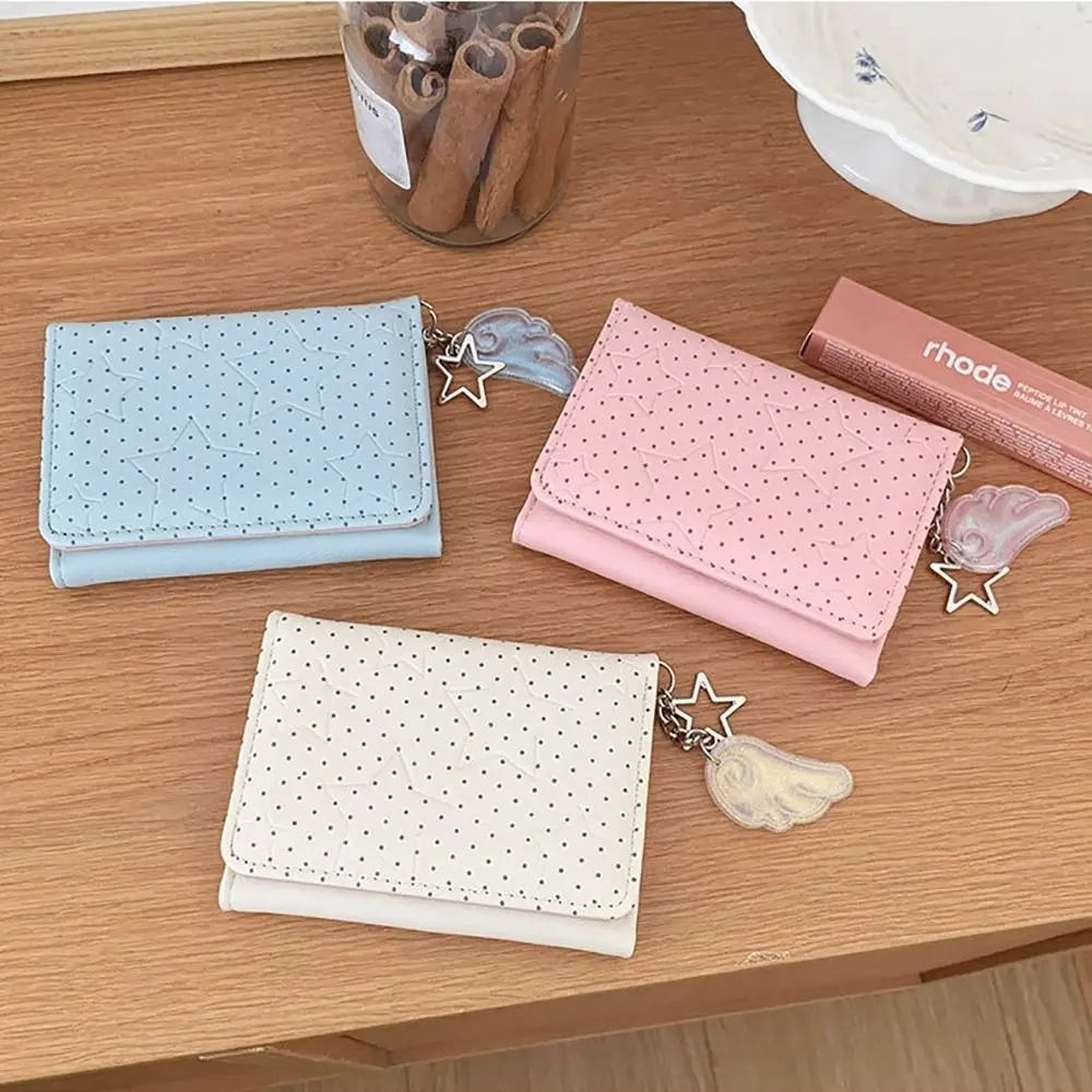 Fashion Y2K Tri-fold Wallet Star Dot Wing Pendant Coin Purse Multicolor Large Capacity Card Holder for Students