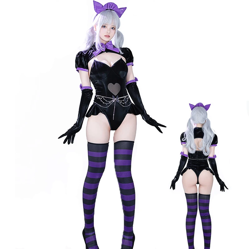 猫耳アクセントの光沢ボディスーツ — ハイレグ&チェーン飾り