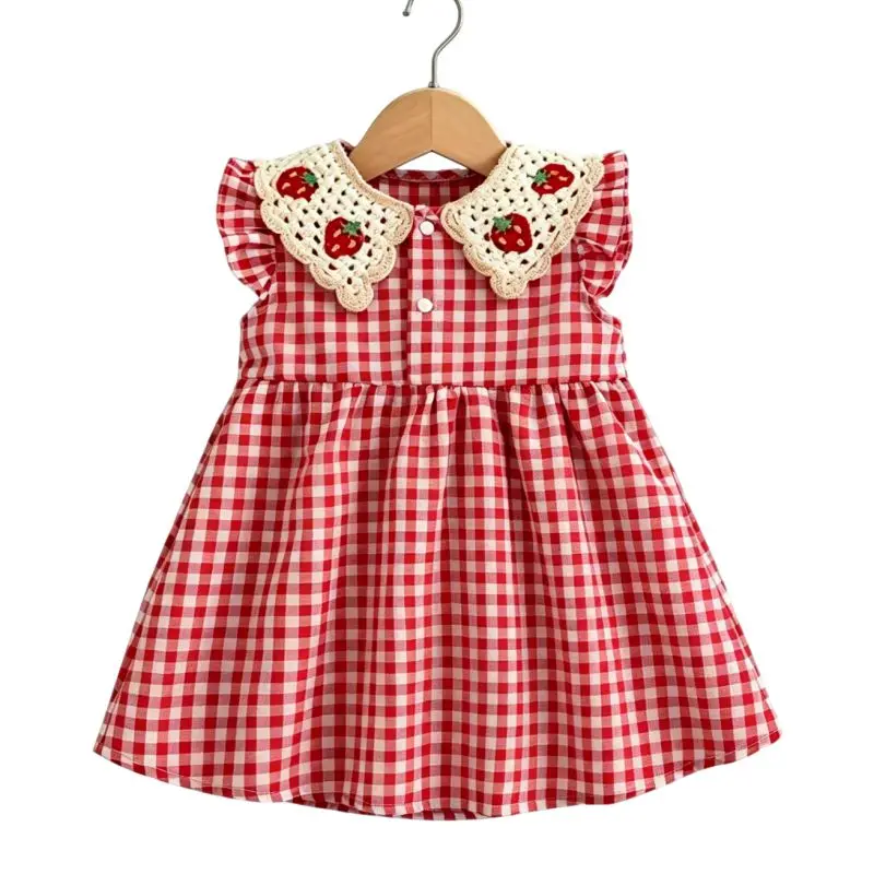 Vestido de Verano para Niña, Vestido de Algodón a Cuadros Rojos, Lindo Vestido de Playa con Solapa de Fresa para Niña