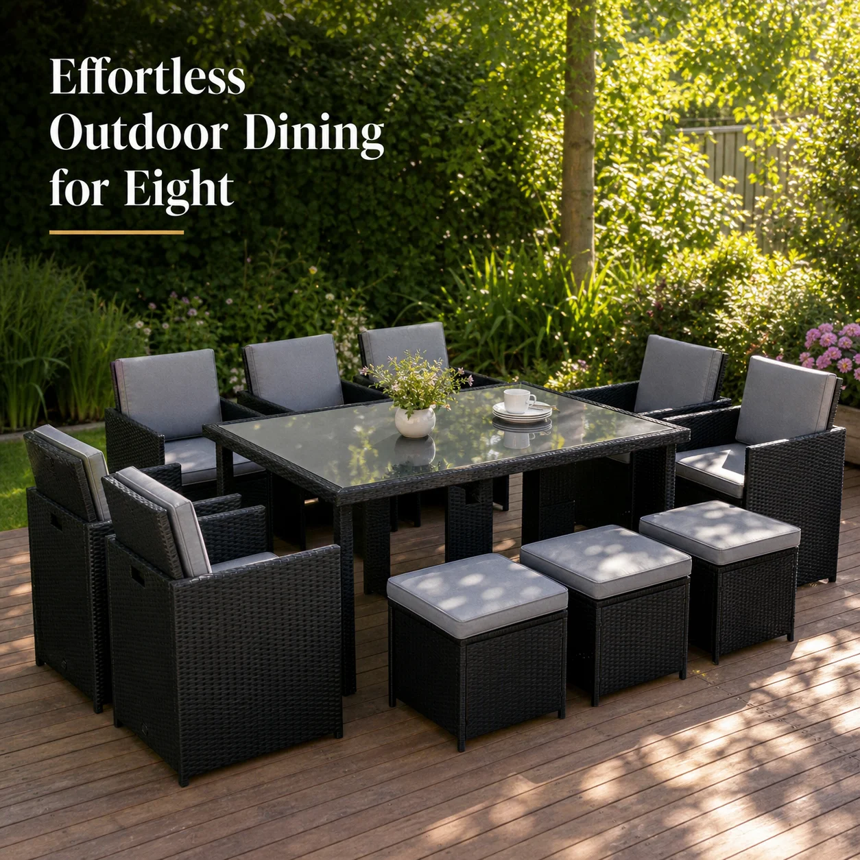 Ensemble de salle à manger en polyrotin 11 pièces, mobilier de jardin avec coussins, table et chaises noires pour terrasse extérieure