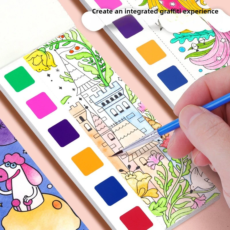 Libro para colorear de acuarela para niños, libro para colorear y dibujar para estudiantes, dibujo con bolígrafos de pintura de acuarela integrados, 1 ud.