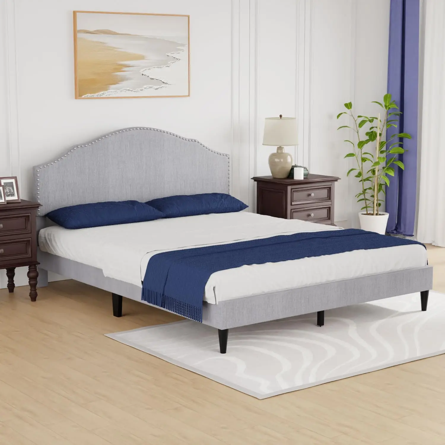 Upholstered Platform Bed Frame Mattress Foundation with Fabric Upholstered Headboard and Wooden Slats Support