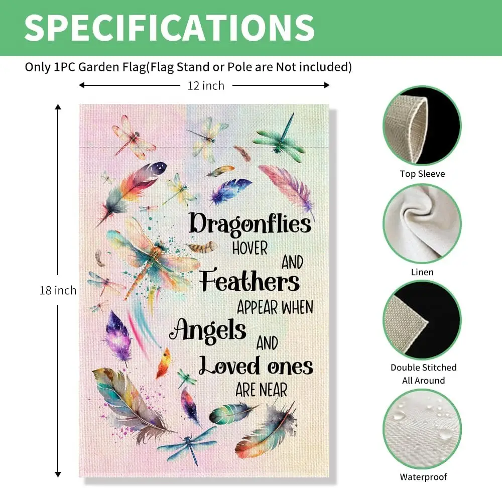Perfectinsoy Dragonflies Hover And Feathers Appear When Angels And Loved Ones Are Near Garden Flag for Outdoor, Memorial Lov SSL