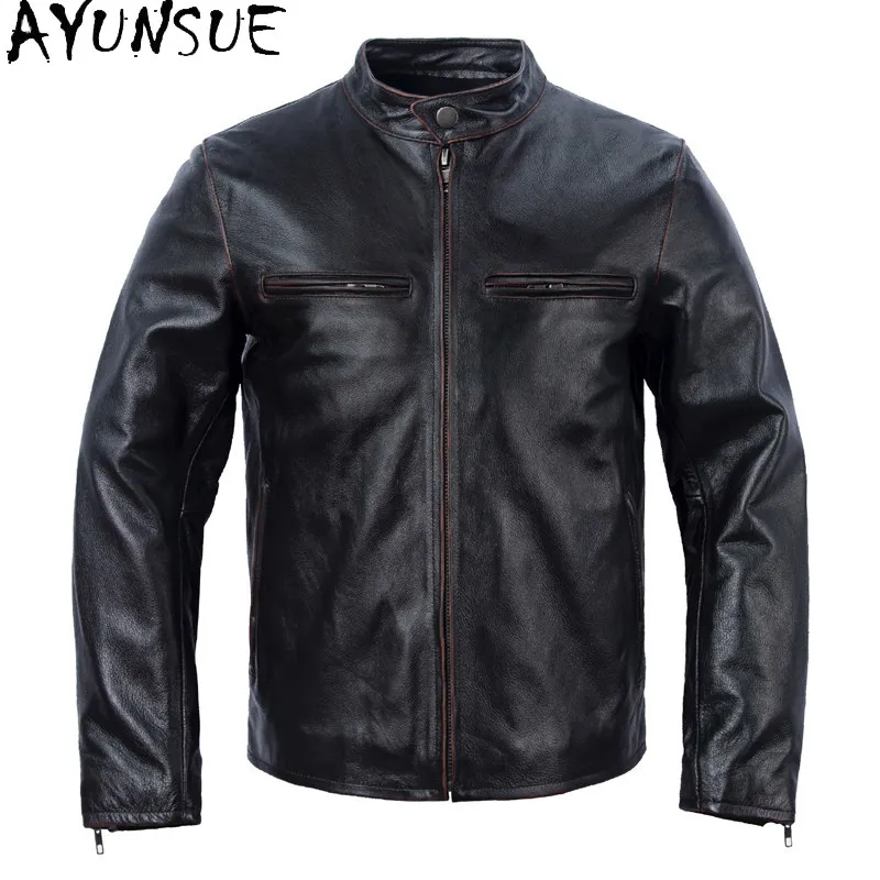 AYUNSUE 100% Pure Cowhide Genuine Leather Jacket Men Classic Rubbed Color Real Cow Leather Coat Vintage Short Coats abrigos 2026
