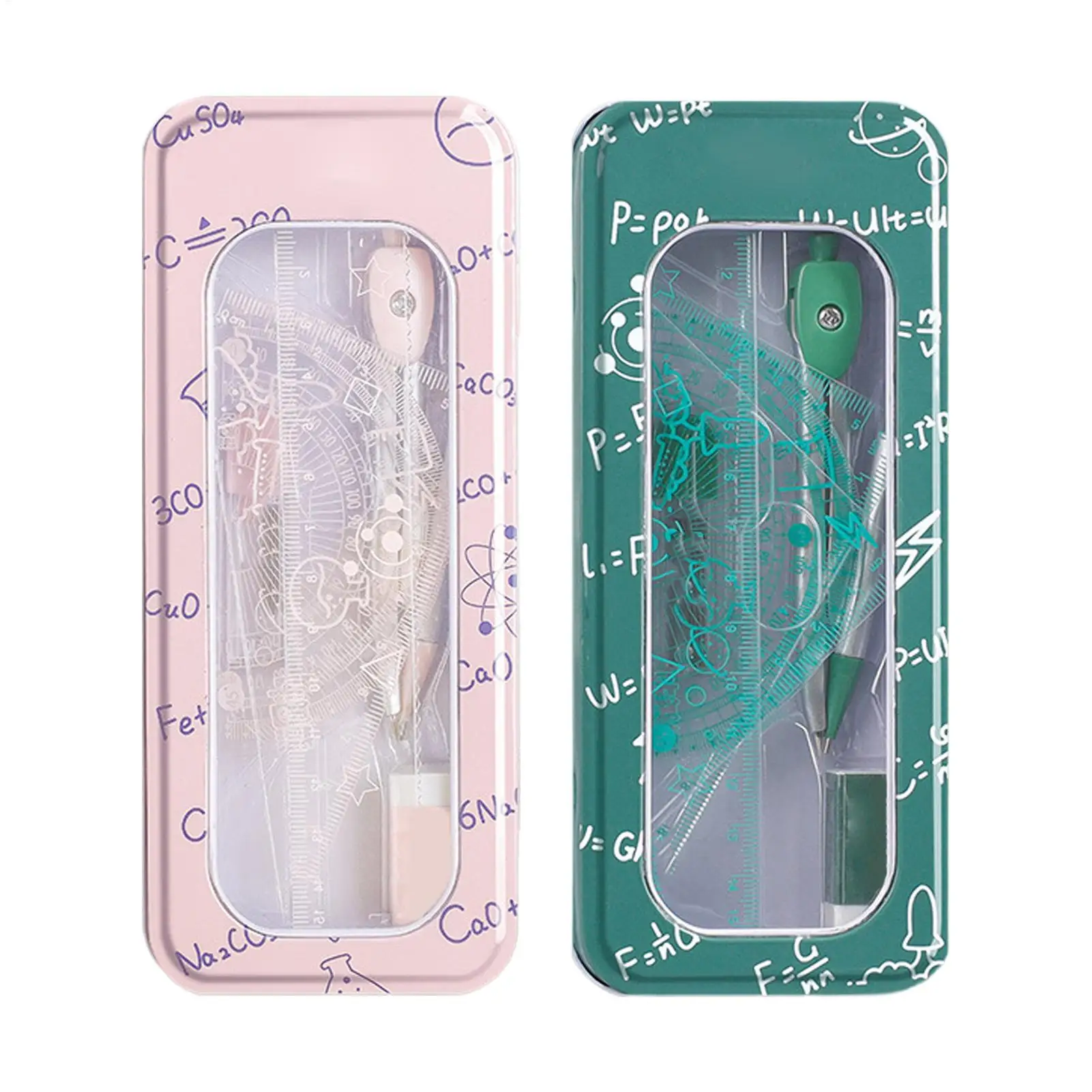 Geometry Set 8 Pieces Shatterproof Protractor Compass Ruler Triangle Eraser Lead Metal Box for High School Middle School