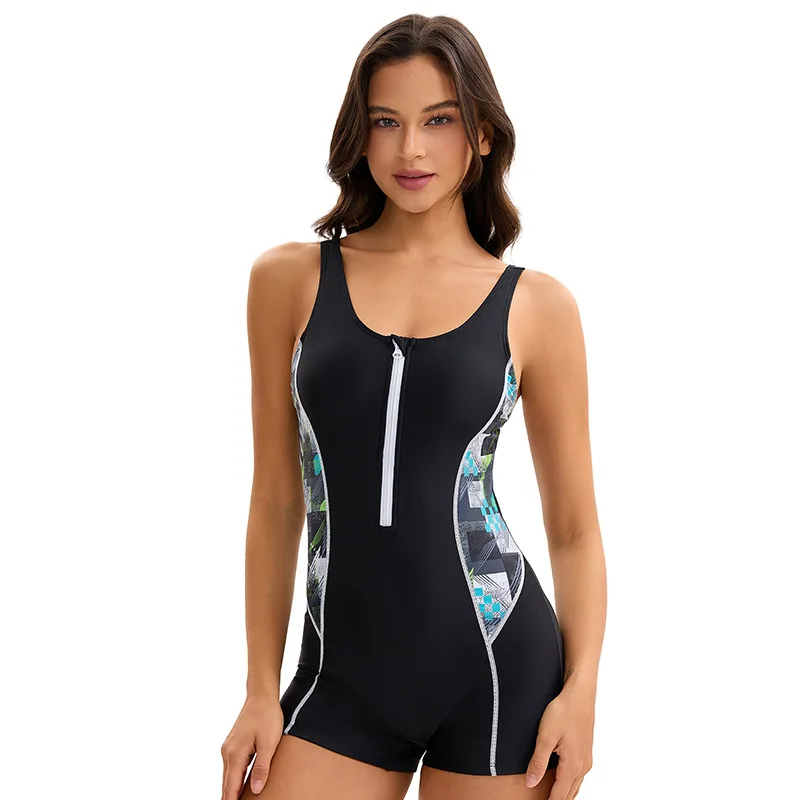 Women Boyleg One Piece Swimsuit Front Zipper U Neck Sleeveless Sports Bathing Suit Printed Panel Swimwear
