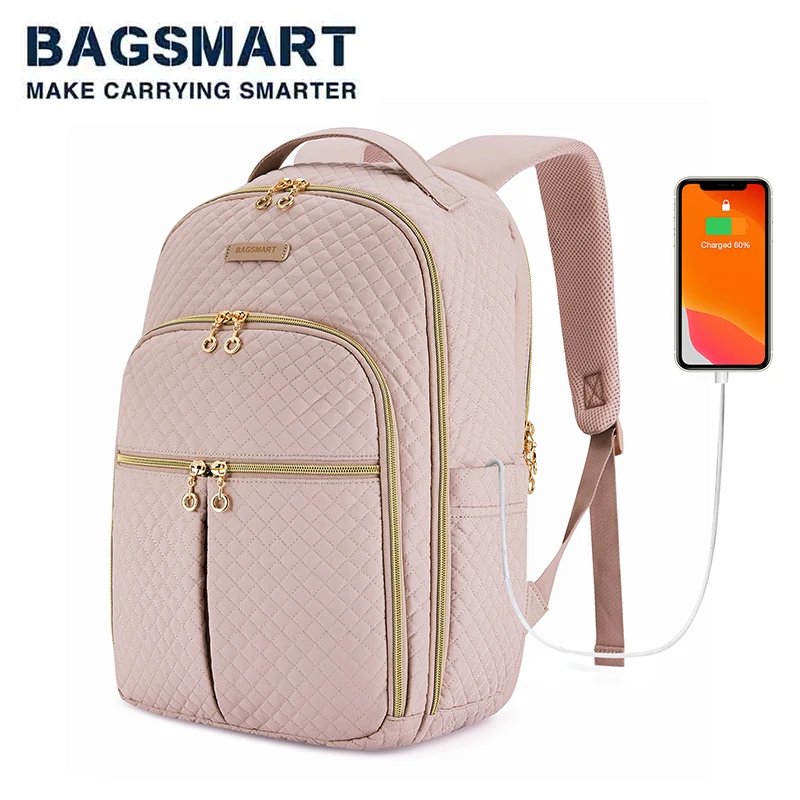 Bagsmart grande capacidade mochila vários bolsos 15.6 polegada portátil mochilas de viagem para as mulheres pacote traseiro com porta de carregamento usb