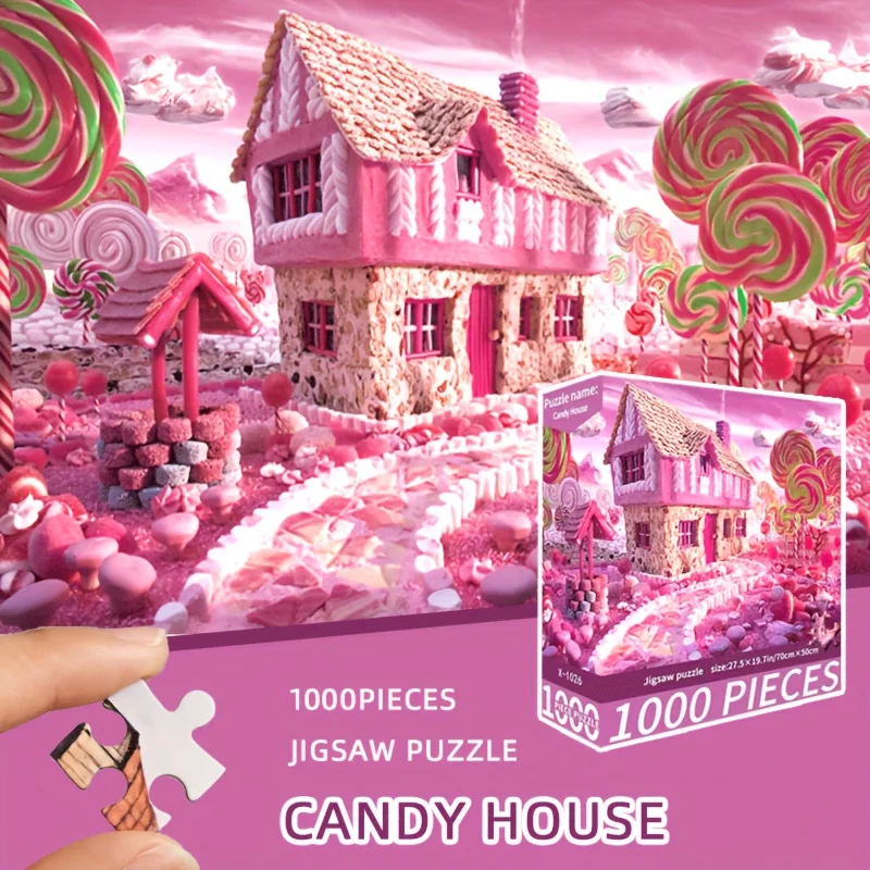 

1000 шт. пазл Candy House-гигантский 27,56x19,69 дюйма, розовый пазл Candyl Challenge для взрослых, совер-постер и руководство по письму