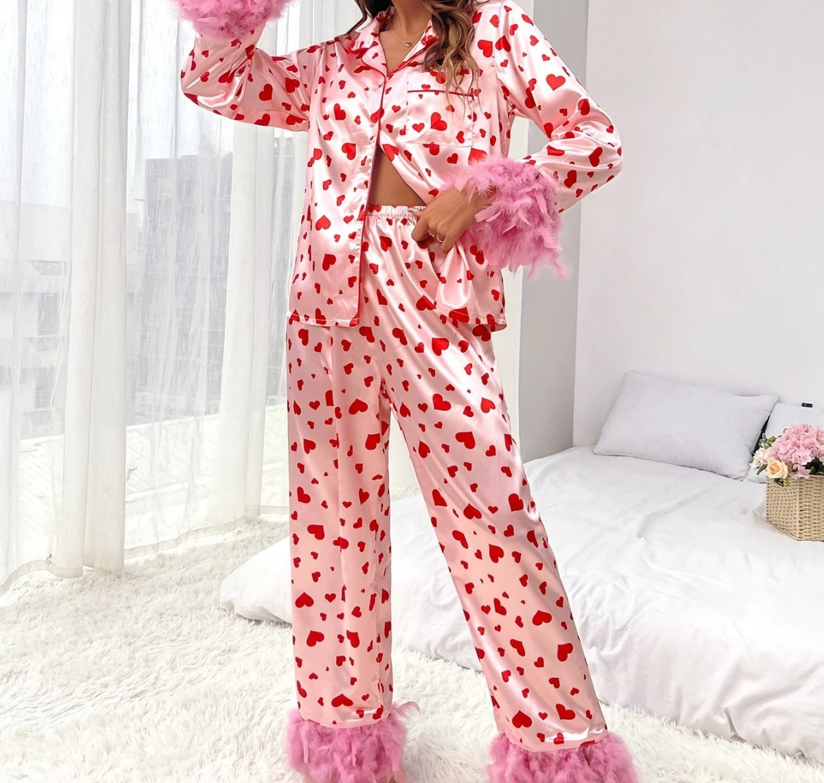 

Pants Two-piece Women's Set Fashion Fresh and Sweet Caring Printed Casual Long Sleeves Top Trousers Pajama Suits for Female