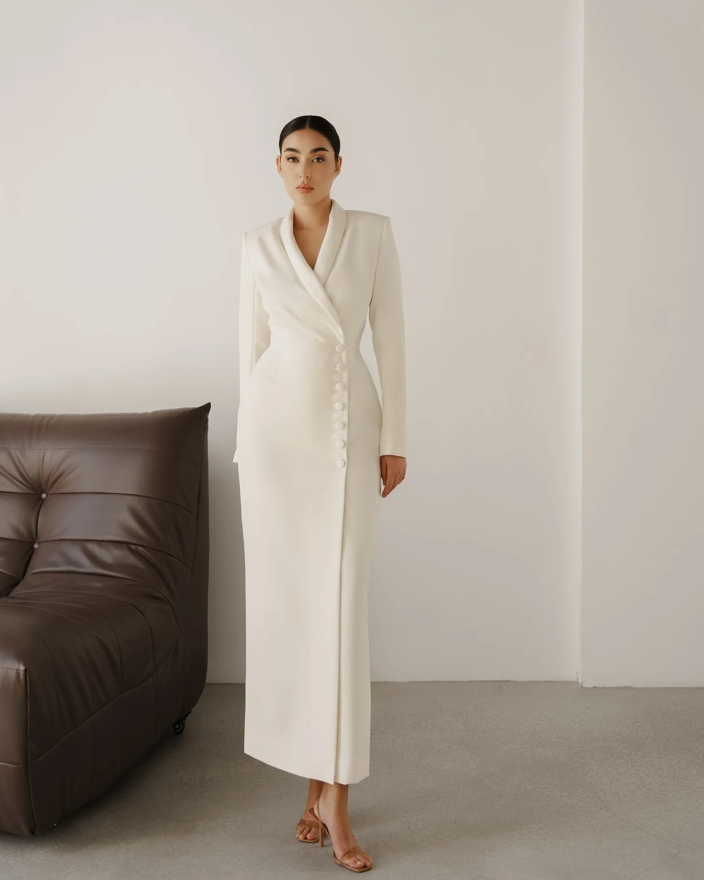 

Customized Delicate Jersey Straight Buttons Evening Dress High Quality Long Sleeves V-Neck Ankle Length فساتين سهرة