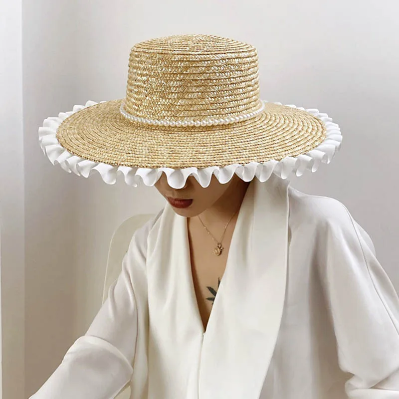 New Women's summer Hats with White Lace trimmed Straw Hat Pearls Band Boater Hats Wide Brim Sun Hat Ladies  Outdoor Beach Hat