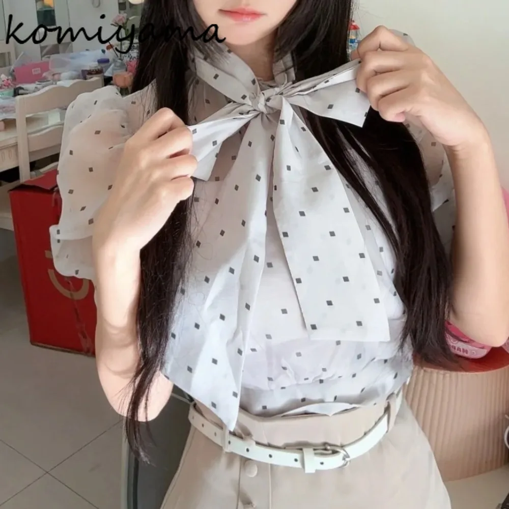 

Polka Dot Print Woman 2025 Shirts & Blouses Lace-up Bow Blusas Mujer Half Sleeve Ropa Japanese Clothing Fashion Camisas