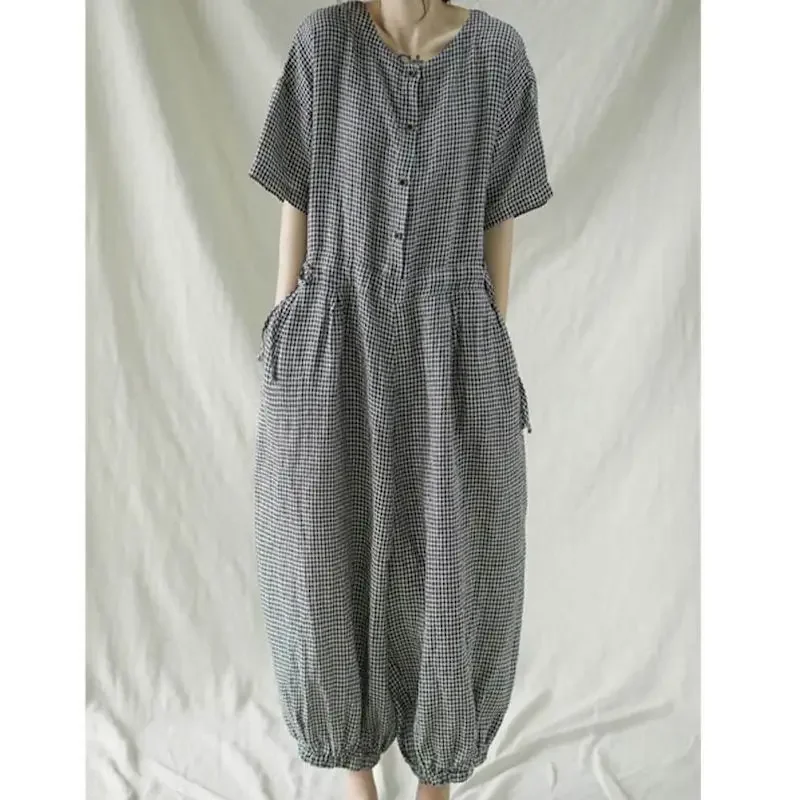 

Oversize Piaysuit Casual Jumpsuit Cotton Linen Plaid Loose Short-sleeved Jumpsuit Casual Clothes Jump Suits for Women