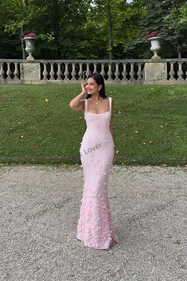 Vestidos de Noche de sirena rosa para mujer, apliques florales, vestido de fiesta de boda personalizado, cuello redondo, vestido de graduación, Vestidos formales