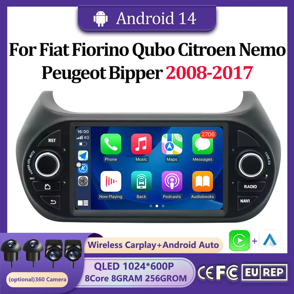 7 "Android Auto Radio stéréo GPS Carplay multimédia vidéo autoradio pour Fiat Fiorino Qubo citroën Nemo Peugeot Bipper 2008-2017