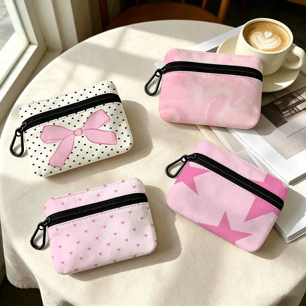 Love Pink Storage  Portable Oxford Fabric Mini Wallet Carabiner Design Small Coin Bag For Cards Keys Earphones