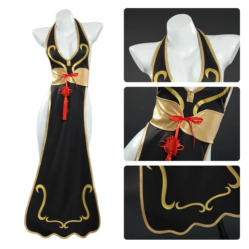 

Chun Li Game Cosplay Costume Battle Uniform Black Cheongsam Sexy Jumpsuit Chinese Style Anime Carnival Party Dress Up Women Girl