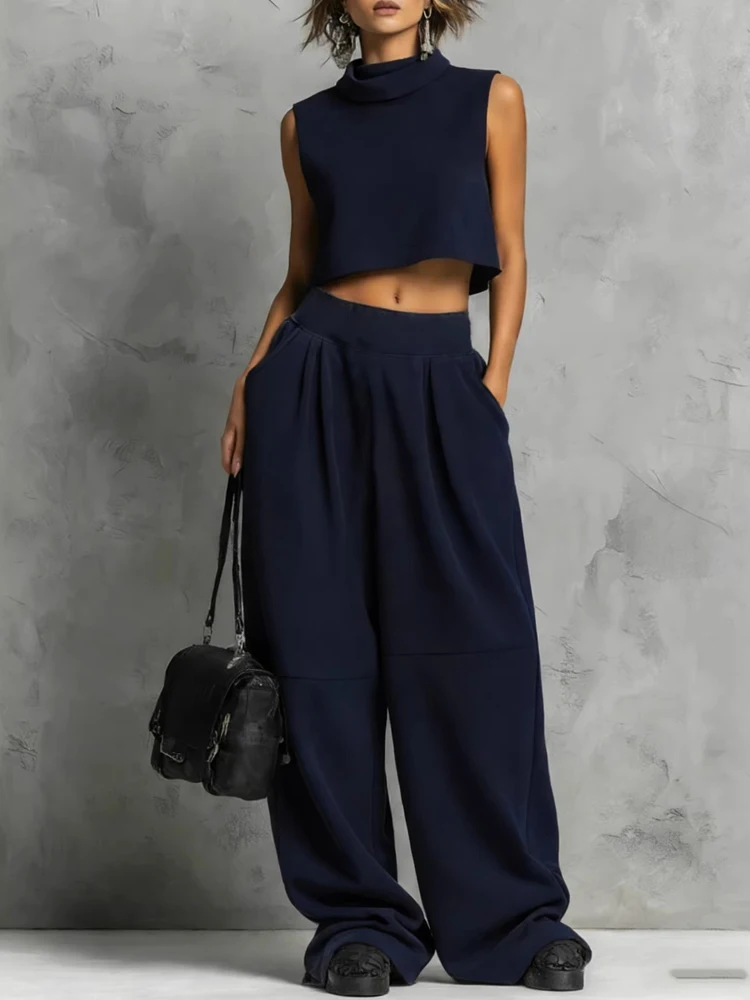 

Женский повседневный спортивный костюм без рукавов, однотонный, элегантный, простой, с карманами, свободный, комплект из 2 предметов: модный свитер с высоким воротом и брюки