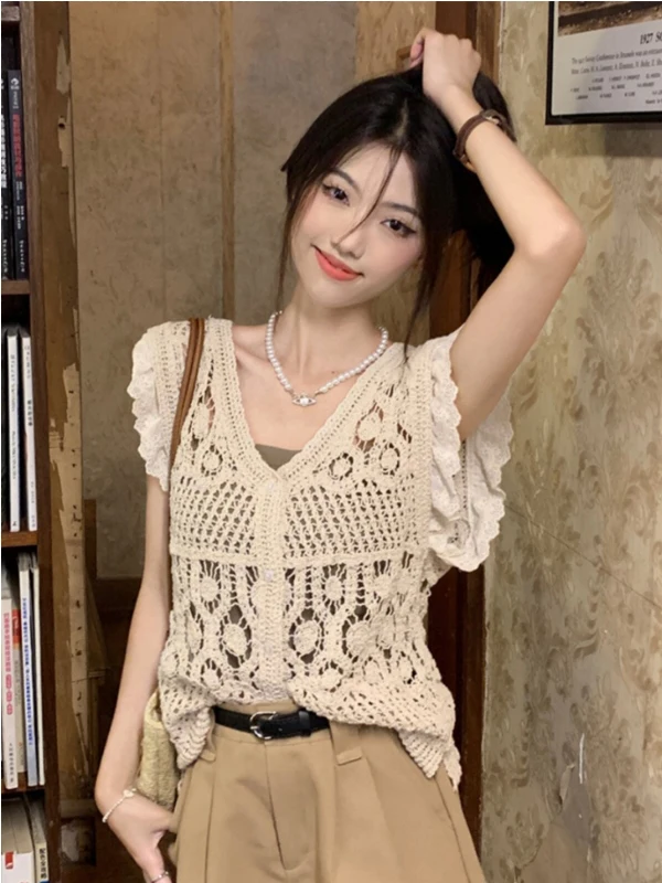 Bohemian Knitted Hollow out Ice Silk Vest Sleeveless Women's Summer Strap Outerwear Flying Sleeve Top V-neck Short Length