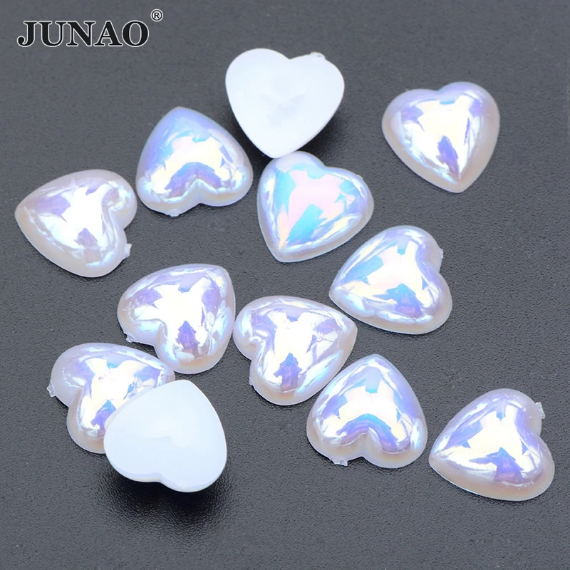 JUNAO 12mm 100Pcs White AB Heart Pearl Flatback Pearl Half Pearls Imitation Beads For DIY Crafts Wedding