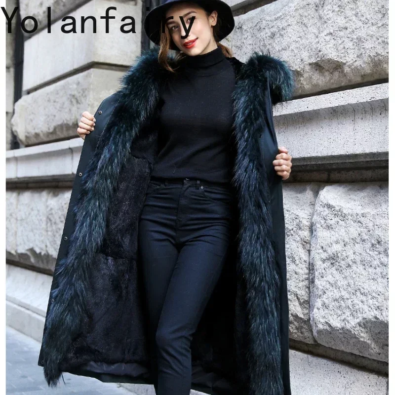 Winter Jacket Women Fashion Rex Rabbit Fur Coats and Jackets for Women Clothing Raccoon Dog Fur Hooded Fur Coat Parkas Zm1532