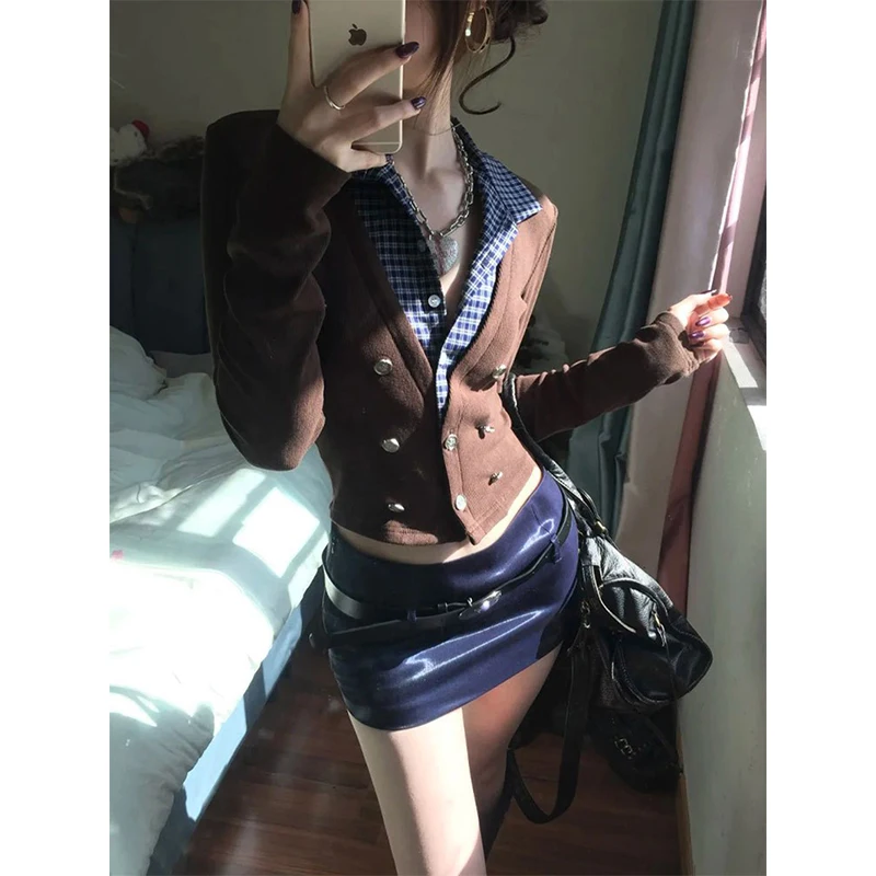 MEXZT Y2K اقتصاص سترة مشغولة من الصوف المرأة منقوشة المرقعة سترة ملابس خارجية Harajuku خمر تريكو الشتاء Gyaru سليم لاعبا