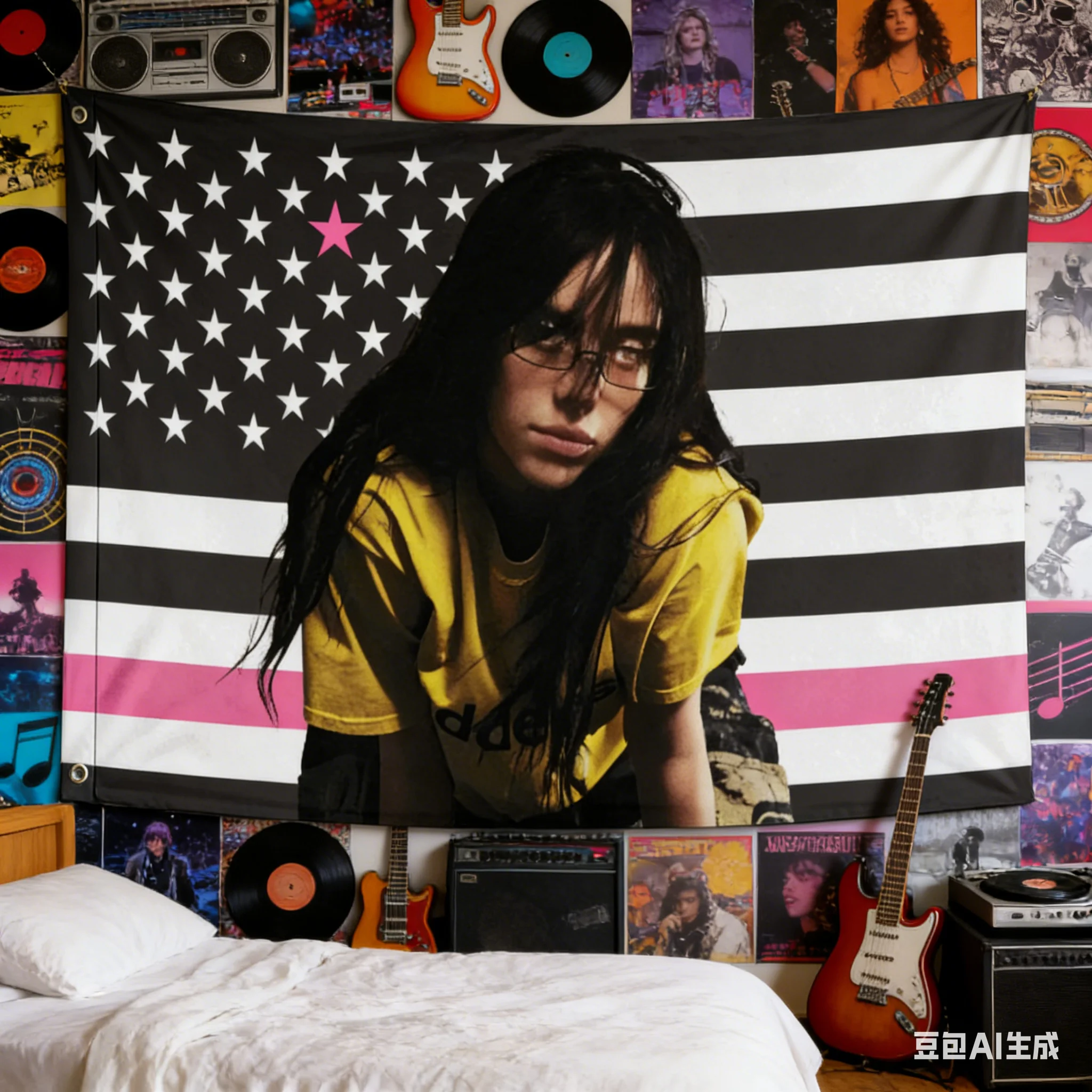 1 Stück Billie Eilish Wandteppich mit amerikanischer Flagge, 2D-Wandkunst aus Polyester, rosa Akzent, schwarz-weiße Dekoration für Schlafzimmer, Wohnzimmer, Musik-Fa