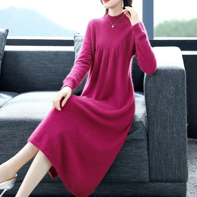 Suéter de Malha Solto e Longo para Outono e Inverno, Tamanho Plus, Camada Base Feminina, Saia Casual em A-Line