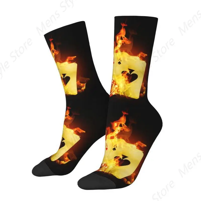 Funny Men's Burning Poker Cards Dress Socks Unisex Warm Comfortable 3D Print Gambling Game Crew Socks