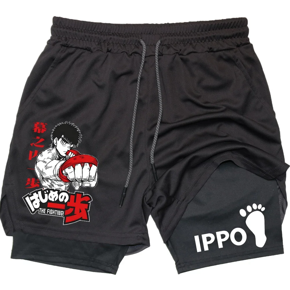 IPPO Anime Gym Shorts Men Boxing Gothic Manga 2 in 1 Compression Performance Shorts Quick Dry Athletics Short Pants Summer