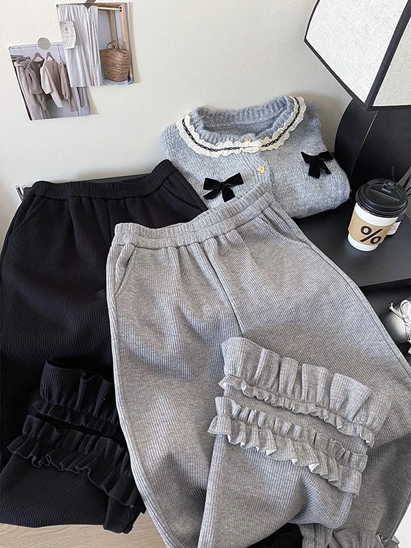 Spodnie damskie plus size na jesień i zimę, proste nogawki, wysoki stan, rozszerzane spodnie z koronkowym wykończeniem, ocieplane polarem, luźny krój, spodnie codzienne.