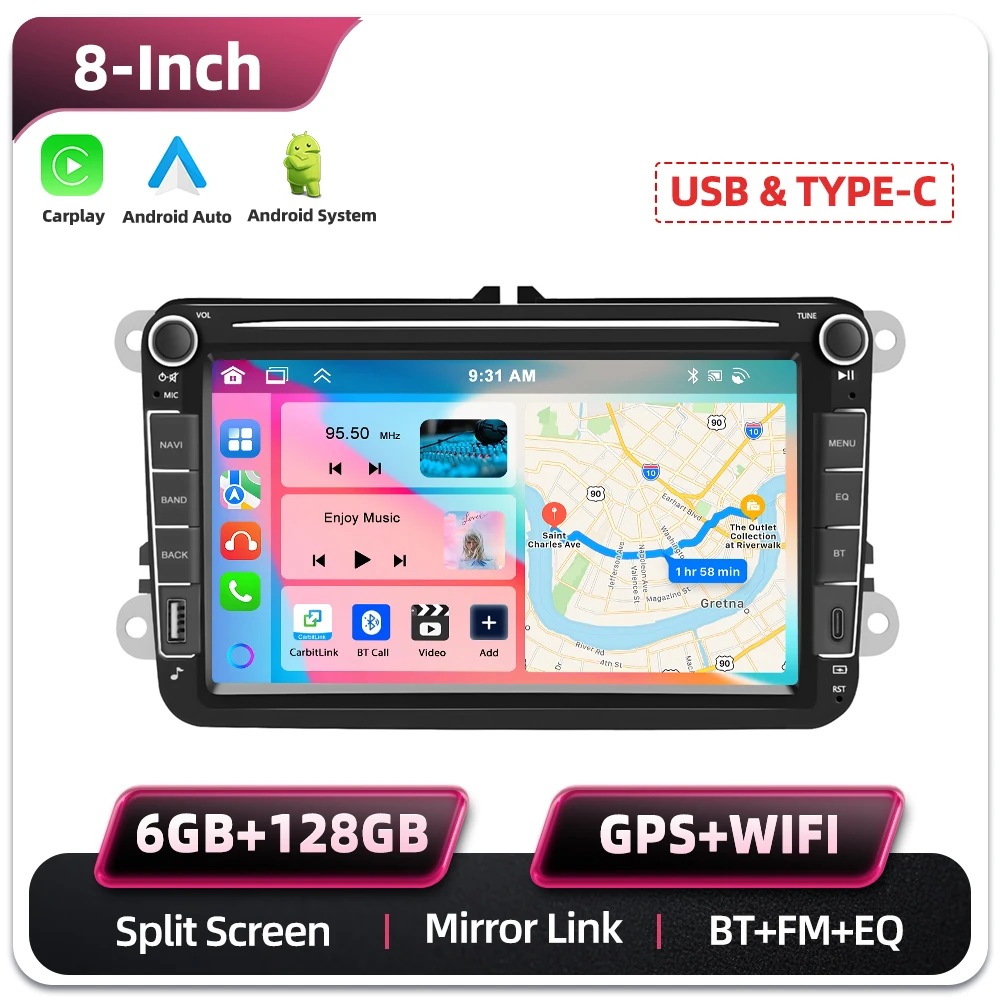 Podofo 8 Zoll 2 Din 6+128G/2+64G Auto-Multimedia-Player für Seat Altea/Toledo/Leon VW Golf/Pasta/Jatta/Bora/Scirocco Skoda Fabia/Yeti/Roomster/Praktic unterstützt Rückfahrkamera/KI-Sprachassistent GPS