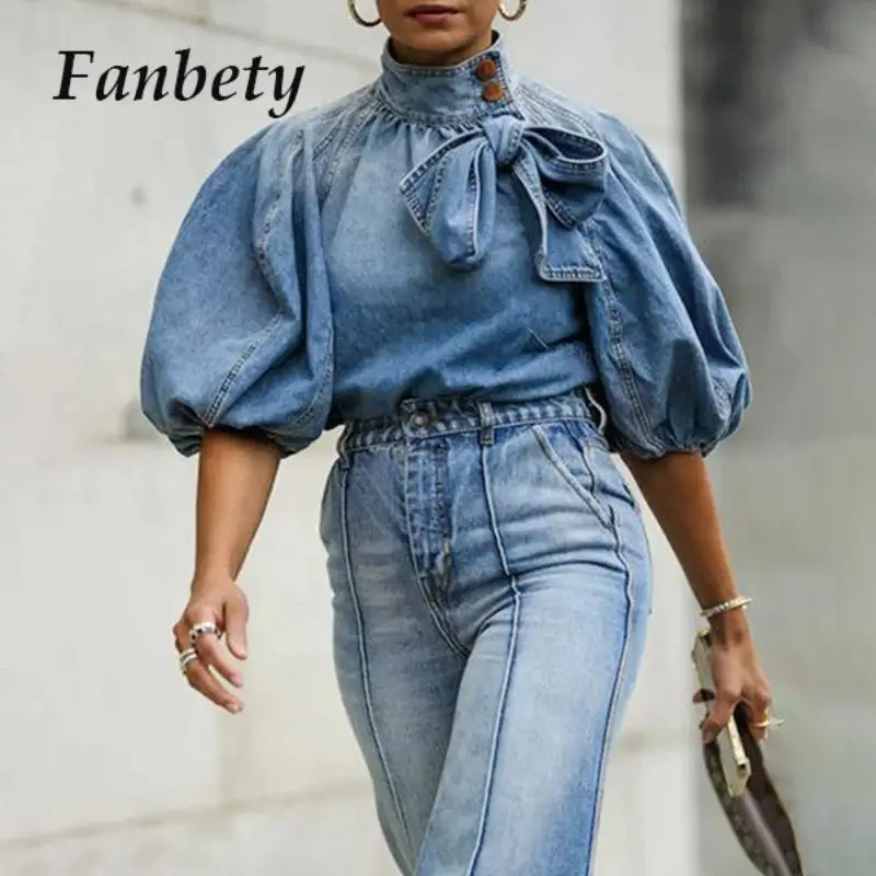 

2023 Button Blouse Harajuku Lady Half Lantern Sleeve Denim Tops Tees Women Fashion Solid Bow Belt Turtleneck Pullover Shirts