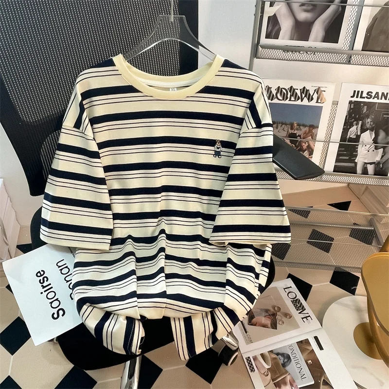 

Summer Round Neck Cotton T-shirt Yarn-dyed Striped Short-sleeved Top Loosely Embroidered Women Ins Tees