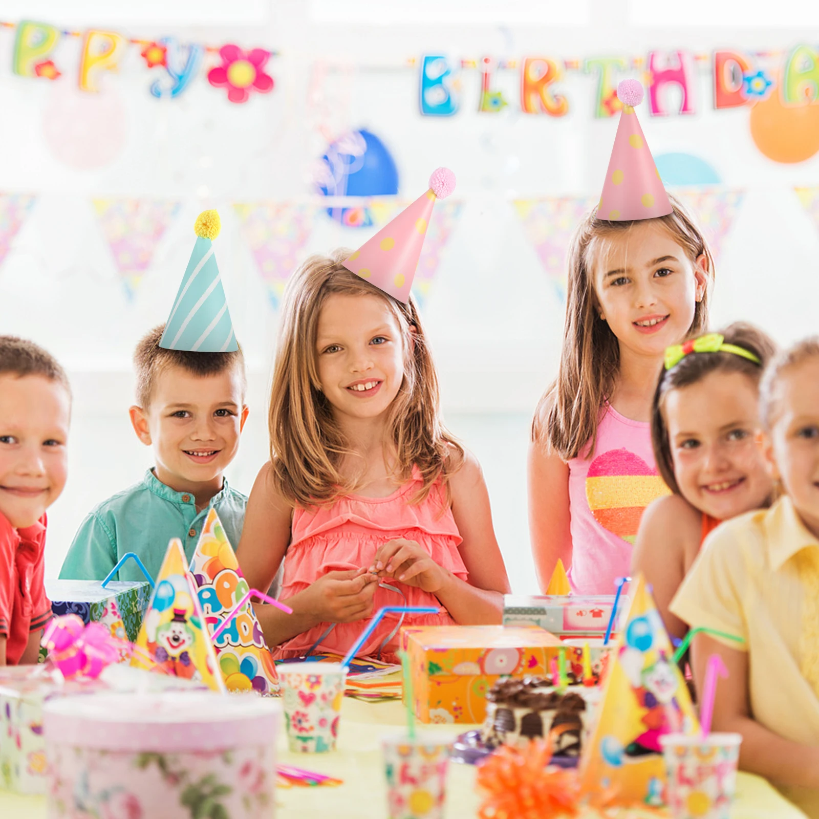 

16pcs Birthday Hats Kids Birthday Party Cone Caps Patterned Festival Paper Caps Pompom Hats Party Headwear Carnival Supplies