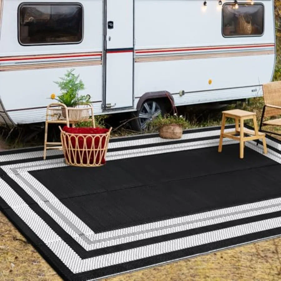 

Outdoor Rug 10x14 for Patio Porch Backyard Pool Deck Picnic Beach Trailer Plastic Straw, Black/White, Waterproof Easy-Clean Rev