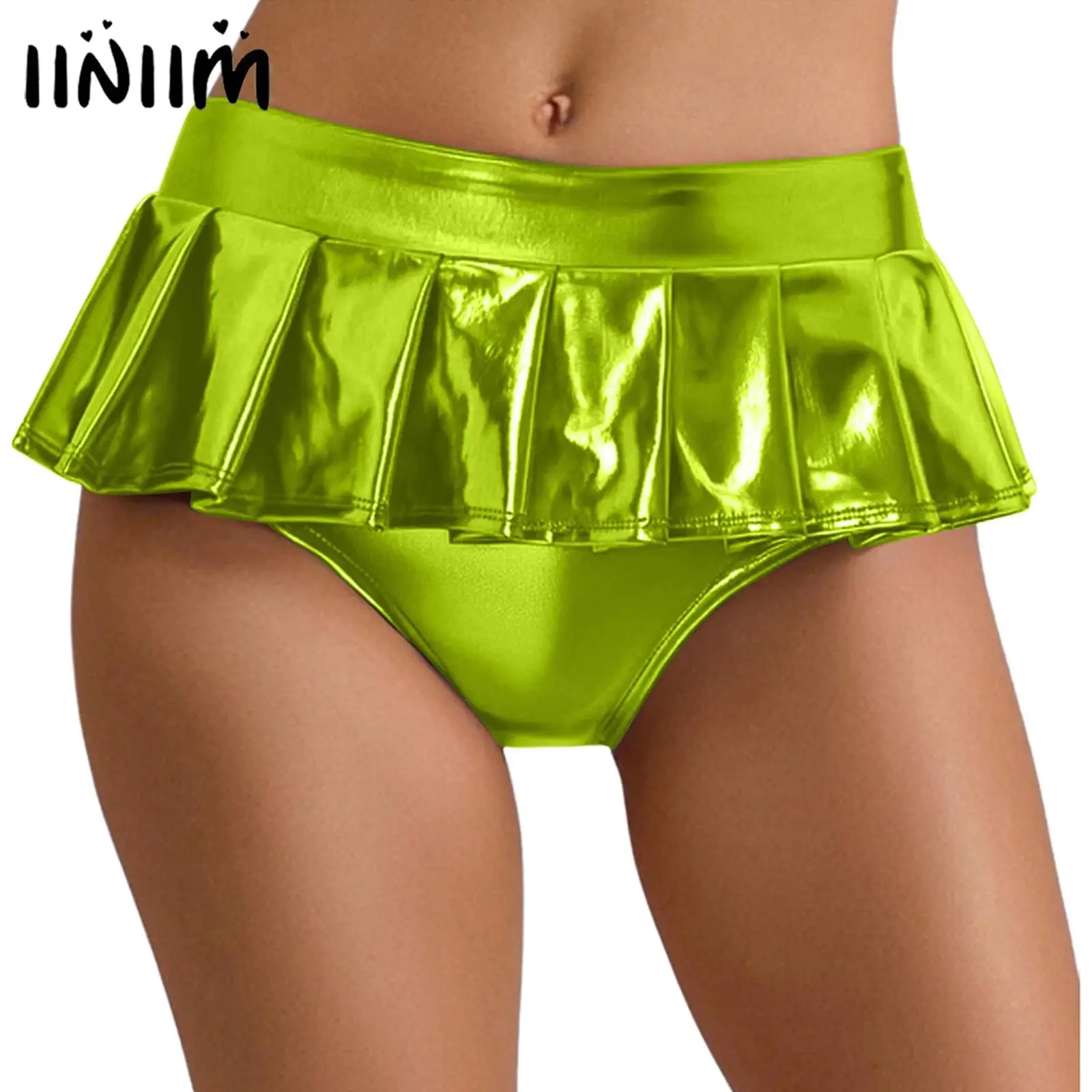 Femmes métallique brillant Mini jupe plissée jupe sous-vêtements culottes Micro Mini jupe Rave fête boîte de nuit pôle danse Costume