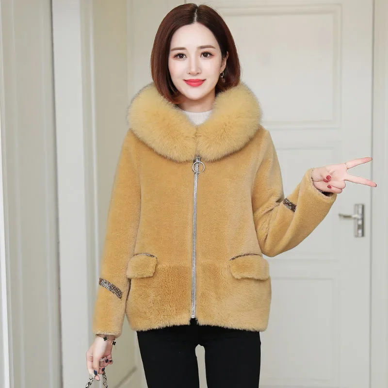 Tcyeek Sheep Shearing Coat Women Winter 100% Wool Coat Female Elegant Fox Fur Coat Warm Short Jacket Casacos De Inverno Feminino