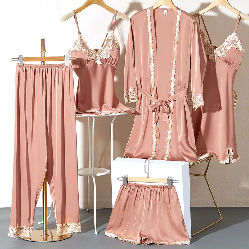 

Autunm New Women Silk Satin Bathrobe Five Piece Set Long Sleeve Lady Robe Loose Female Casual Nightwear Sleepwear Homewear