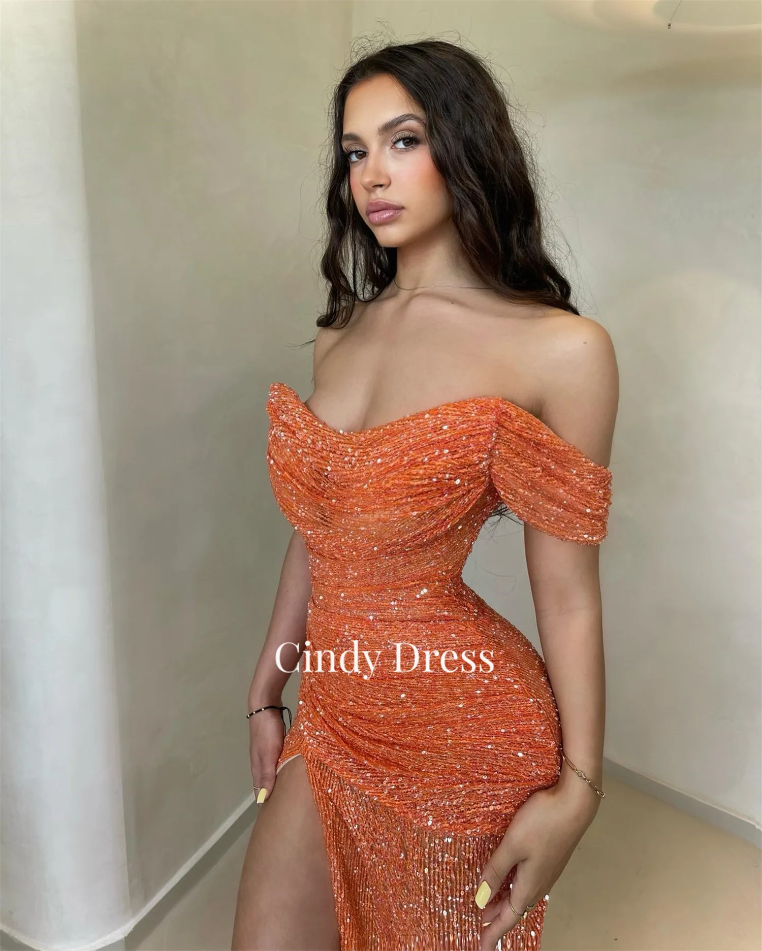 Orange Shiny Mermaid Strapless Sexy Dress Dresses Party Women Elegant Luxury Evening Customized Gala Woman Long Gown Woman\'s