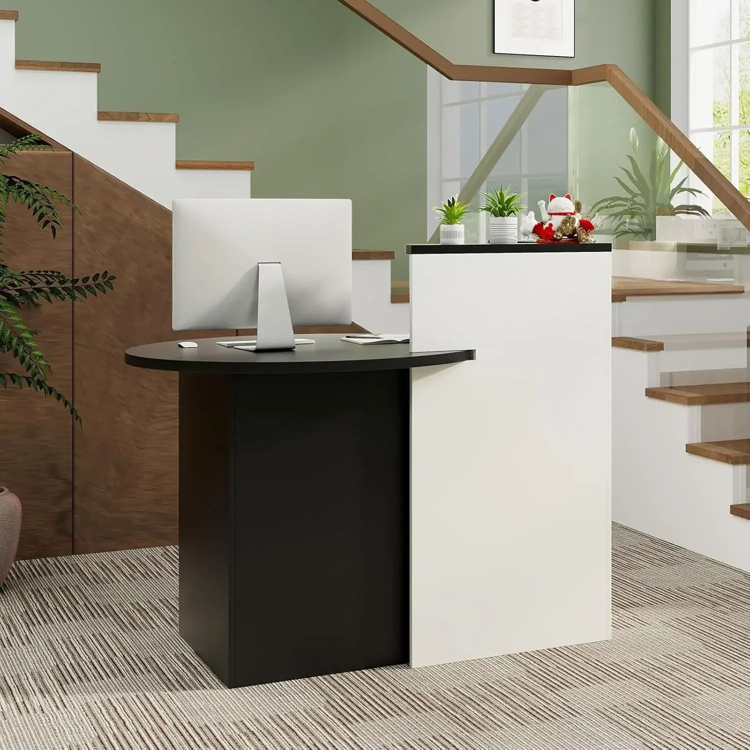 Reception Desk, Small Retail Checkout Counter with Lockable Drawer and Open Shelves, Wooden Computer Workstation