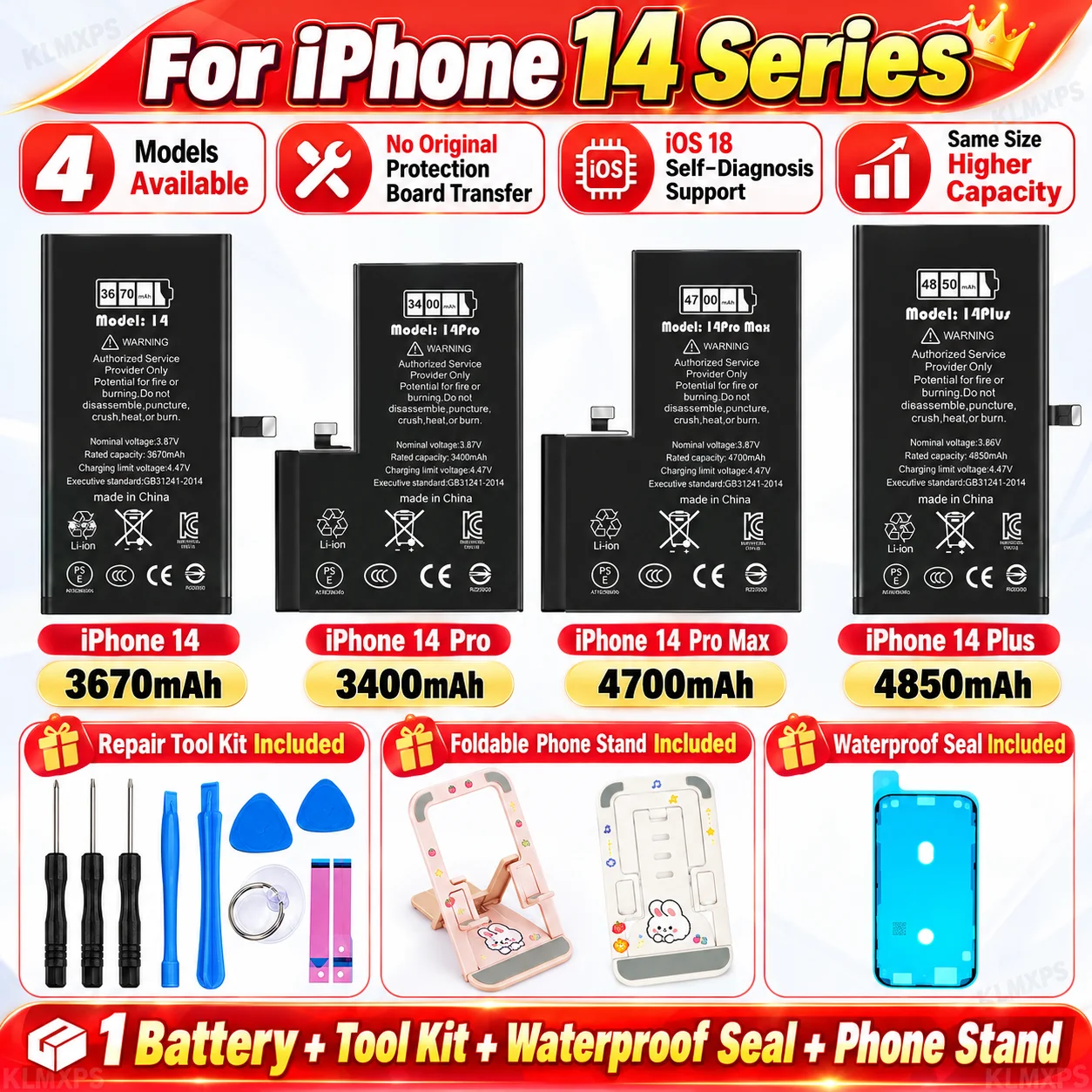High Capacity Battery for iPhone 14/Pro/ProMax/Plus Replacement Battery iOS 18 Compatible with Repair Tool Kit