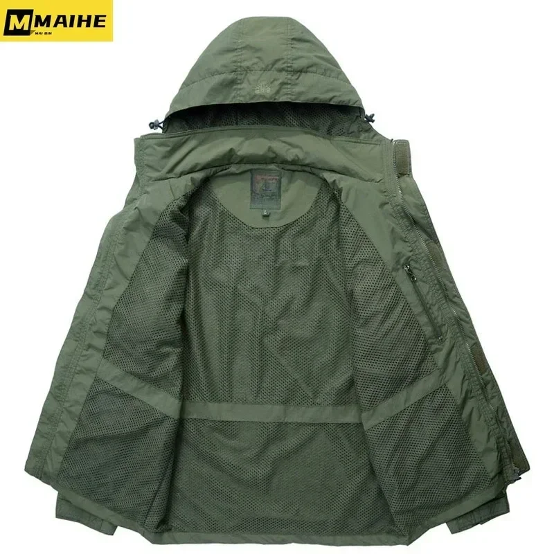 Men Tactical Jacket Autumn Quick Dry 2-in-1 XXXL Retro Style Army Coat Male 2022 Multi Pockets Hooded Windbreaker Waterproof