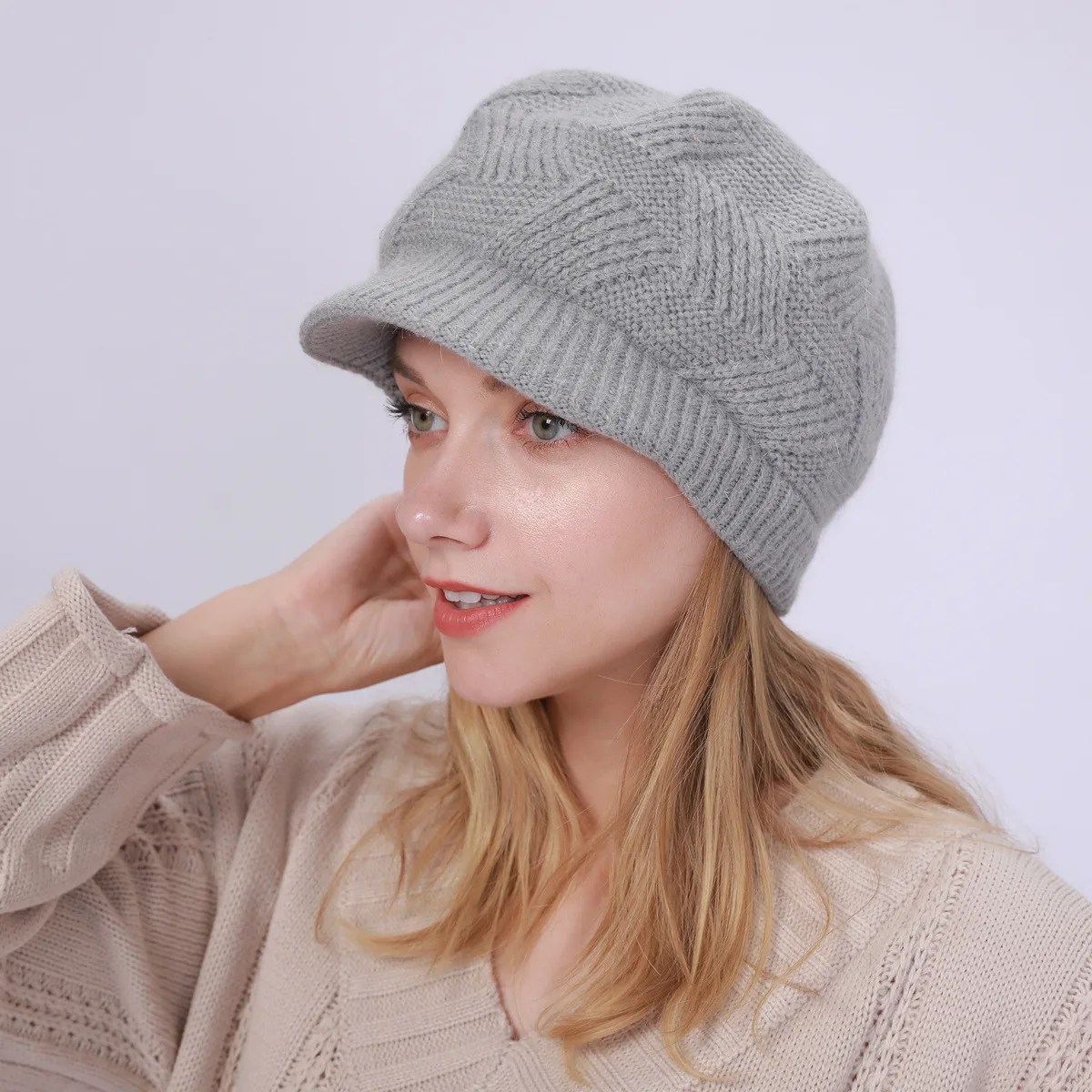 Women Winter Warm Fleece Lined Slouchy Skull Beanie Visor Cap Knitted Newsboy Hats Ladies Cold Weather Snow Hat Brimmed 5