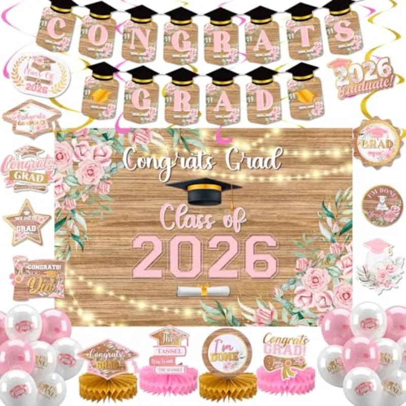 

34pcs Pink Floral Graduation Decorations Set Class of 2026 Backdrop Congrats Grad Banner Balloons Streamers Kit Party Supplies for High School College Celebrations