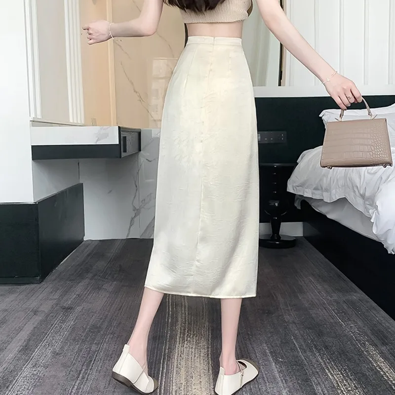 High Waist Long Skirt Women New Arrival 2024 Spring Korean Style Solid Color Furcal Straight Ladies Elegant Pencil Skirts W1690